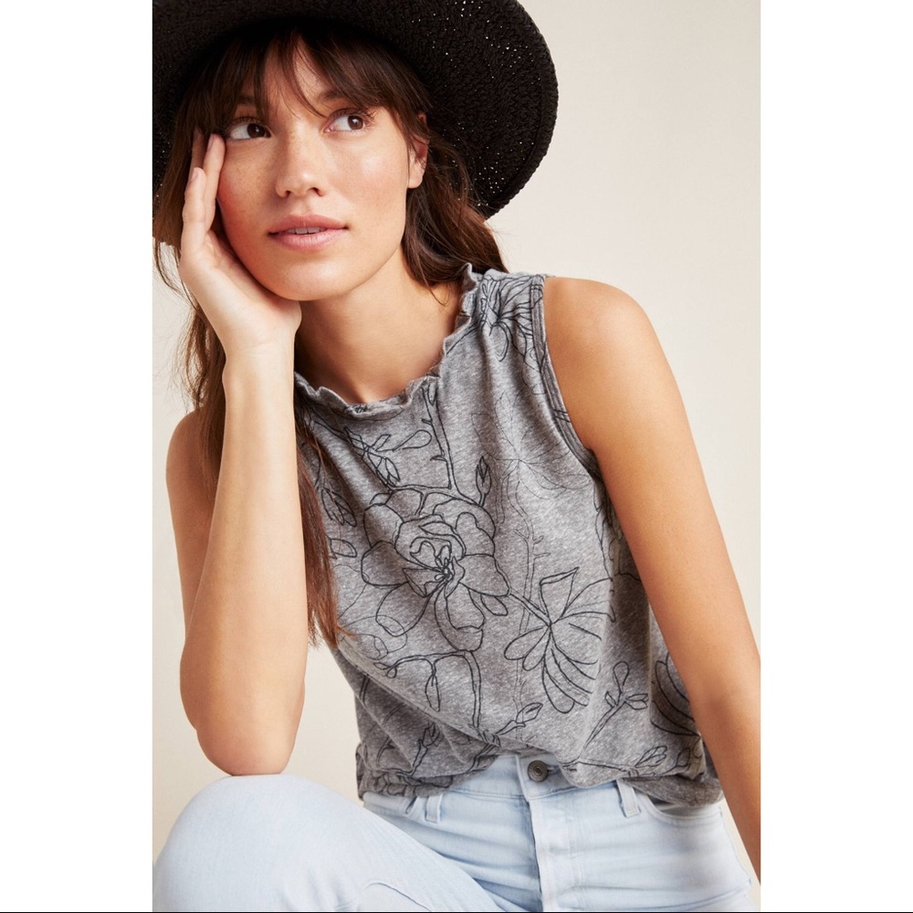 Anthropologie t.la Theia Ruffled Top Sleeveless Gray Grey Floral Women’s Small